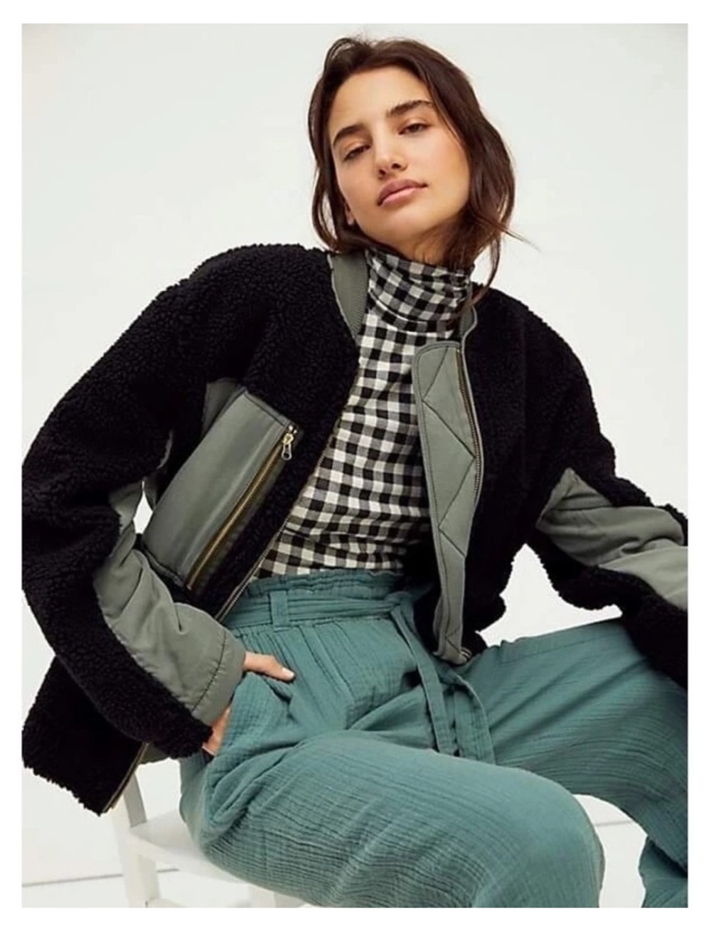 Free People rivington Black Sherpa Jacket with Olive Quilted Panels